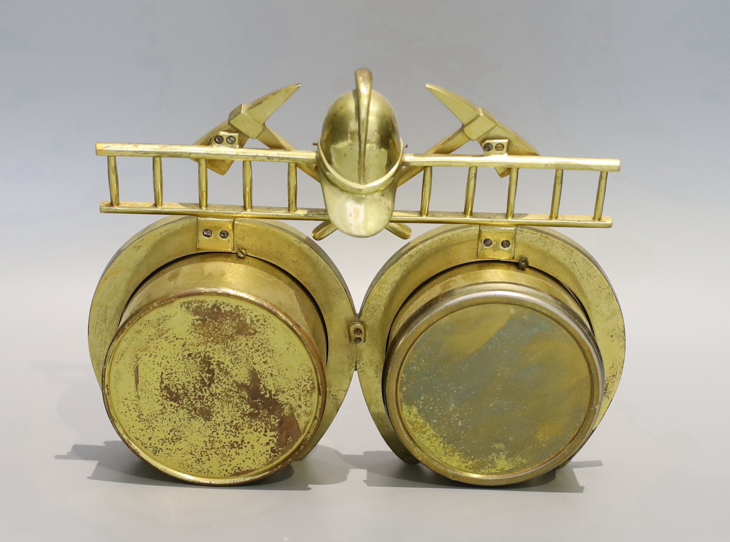 A Victorian brass Fire Service desk timepiece combined aneroid barometer, width 24cm height 19cm
